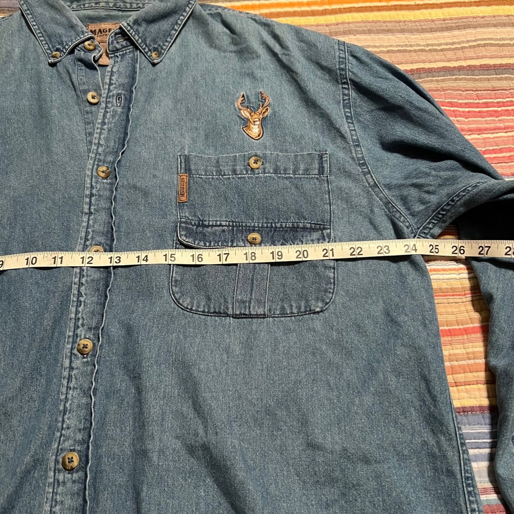 Magellan Mens XL Denim Button Down‎ Shirt Deer Embroidery Quilted Shoulder - Picture 6 of 6